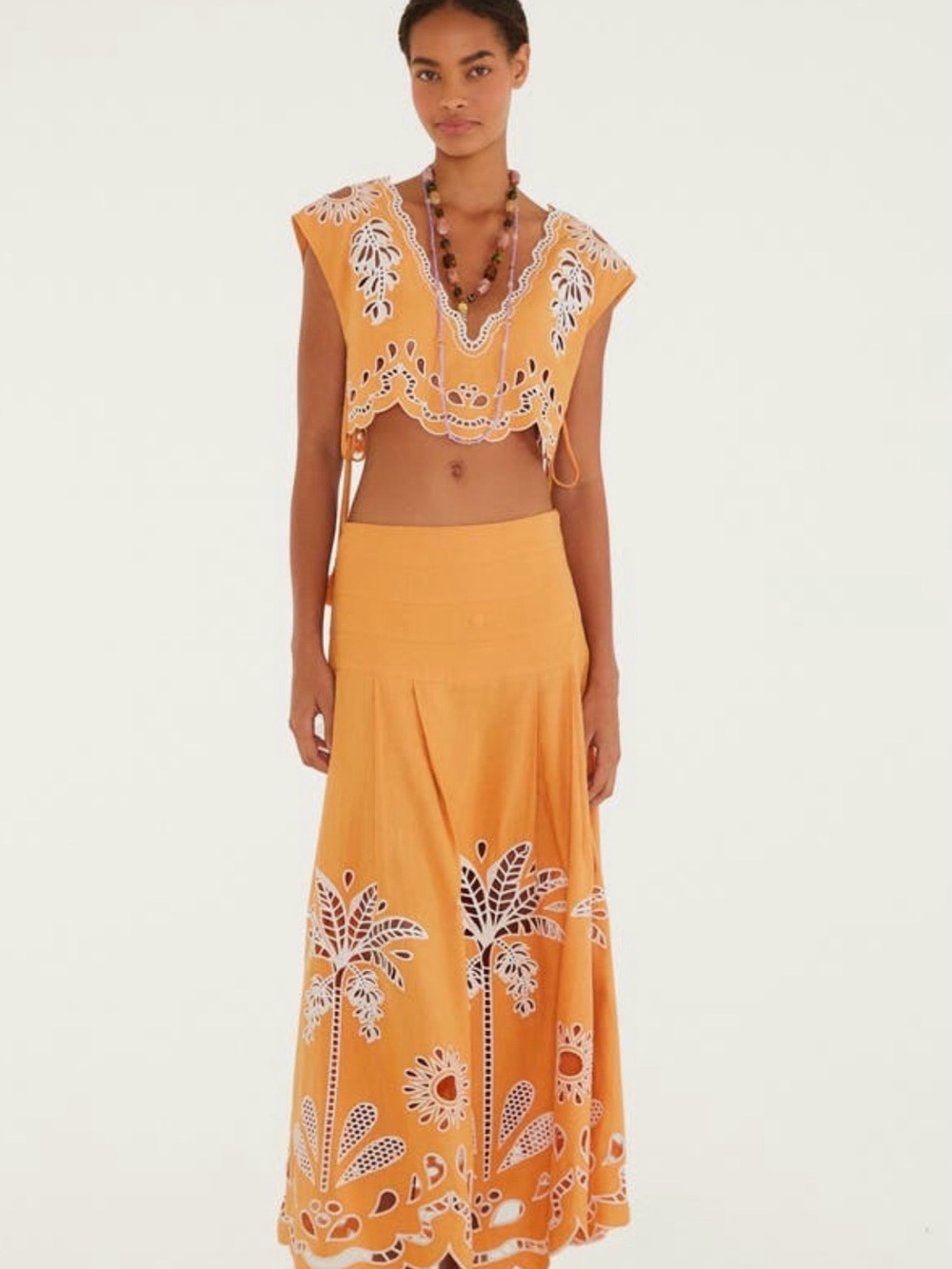 FARM Rio  Embroidered Eyelet Maxi Skirt with White Cutwork Embroidery